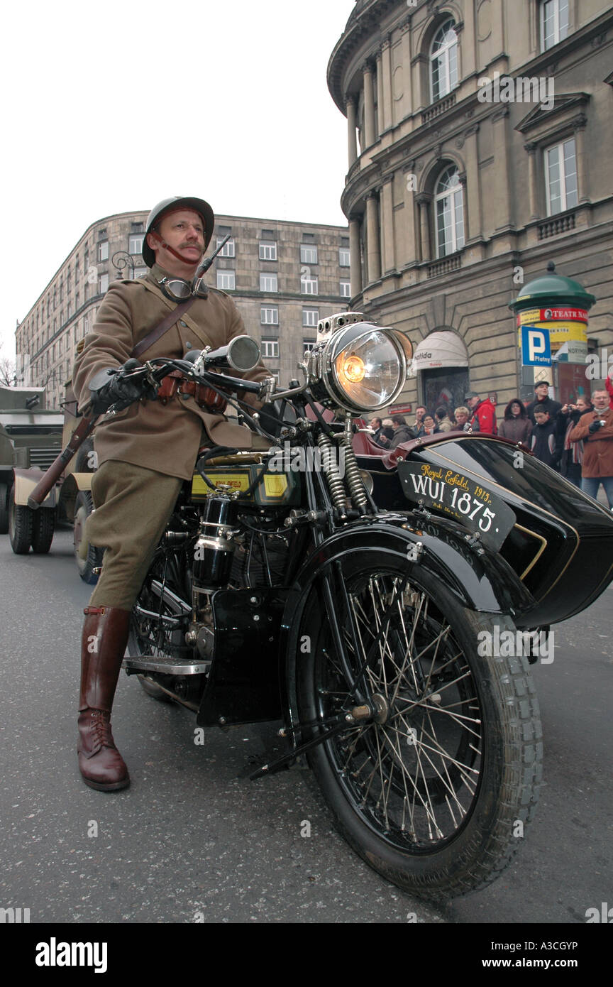 Review of polish historical forces on 11 November Independence Day in Warsaw, Poland. Royal Enfield motorcycle from 1915. Stock Photo