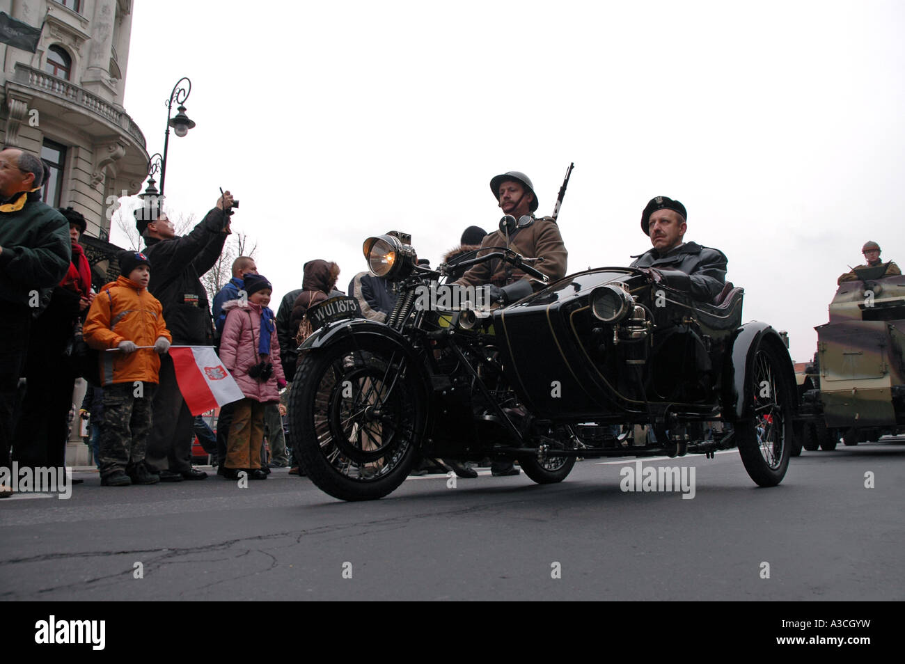 Review of polish historical forces on 11 November Independence Day in Warsaw, Poland. Royal Enfield motorcycle from 1915. Stock Photo