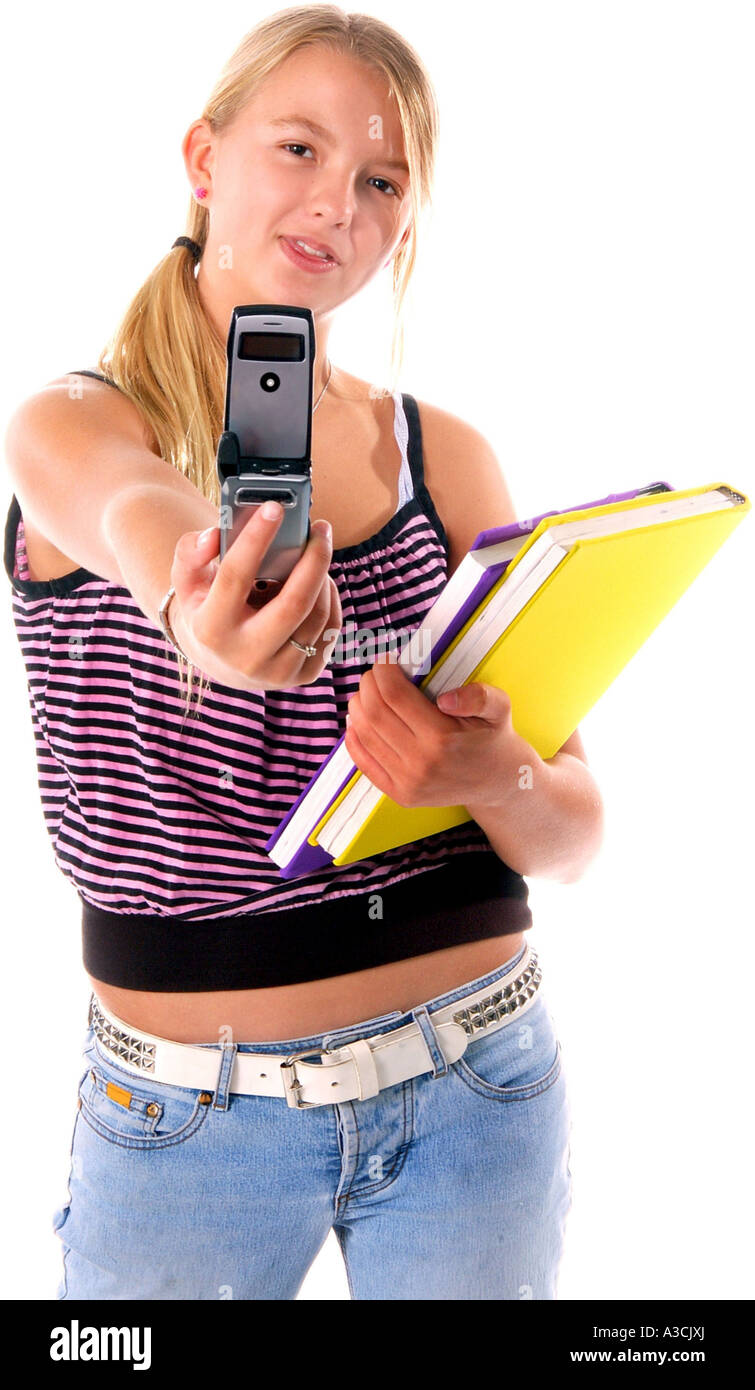 Stylish middle school student with text books taking a photo with a cell phone camera Stock Photo