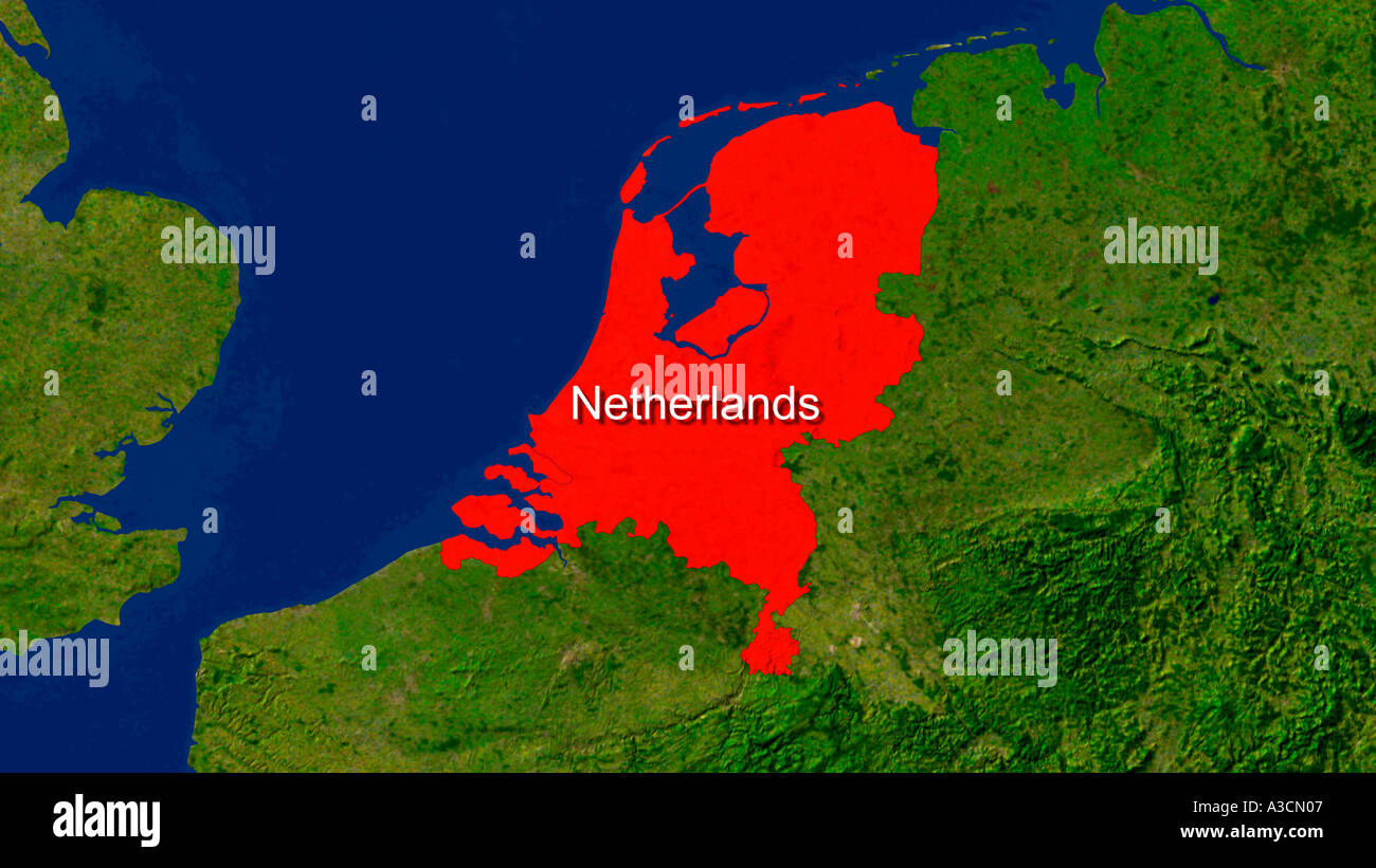 Satellite Image Of The Netherlands Highlighted Red Stock Photo - Alamy