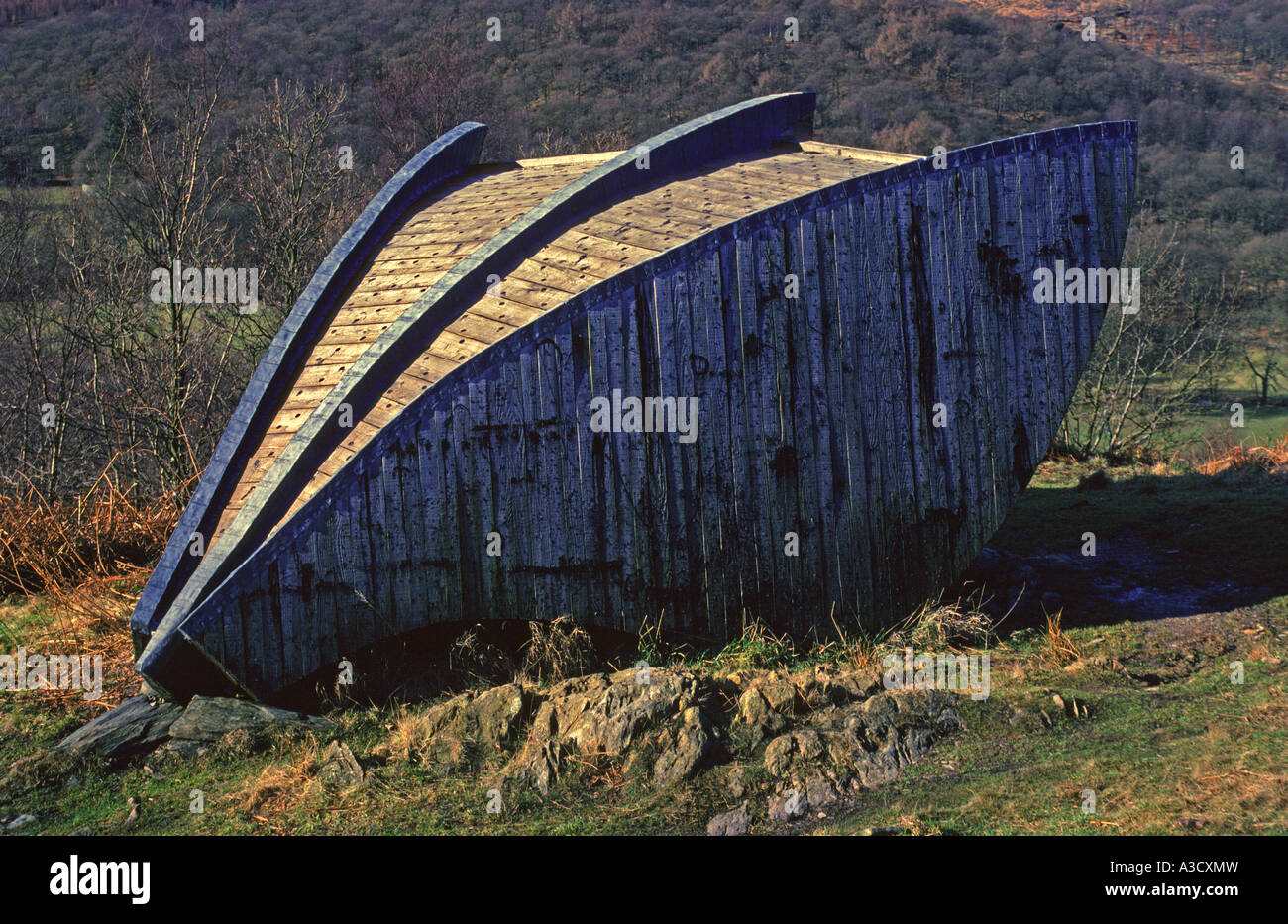 "The Arrival", outdoor sculpture by Stuart Bastick 1993. Grizedale Forest Park, Lake District National Park, Cumbria, England. Stock Photo