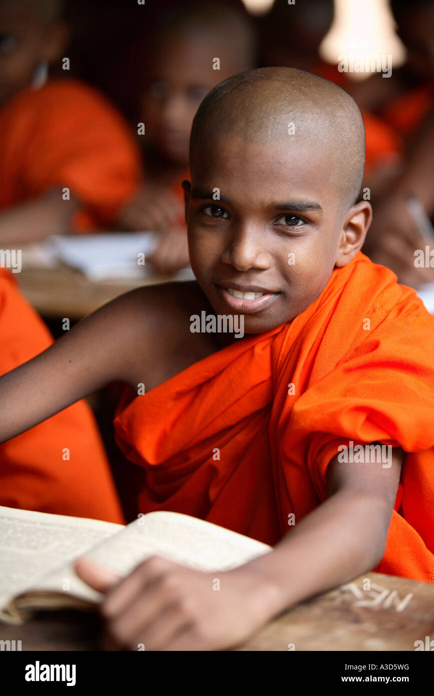 Vertical close up portrait of young student Buddhist monk in school at his  desk reading book, Sri Lanka Stock Photo - Alamy