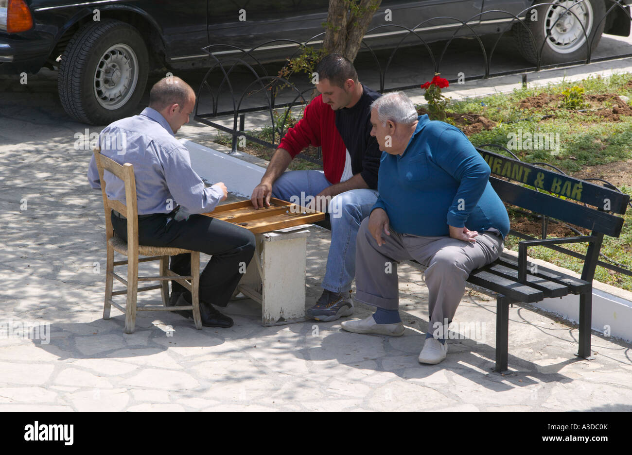 Two men playing backgammon in Bellapais, near Kyrenia, North Cyprus Stock Photo