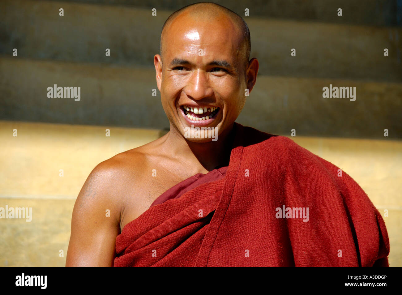 Portrait Buddhist monk in red robe laughs Yasakyi Shan State Burma Stock Photo
