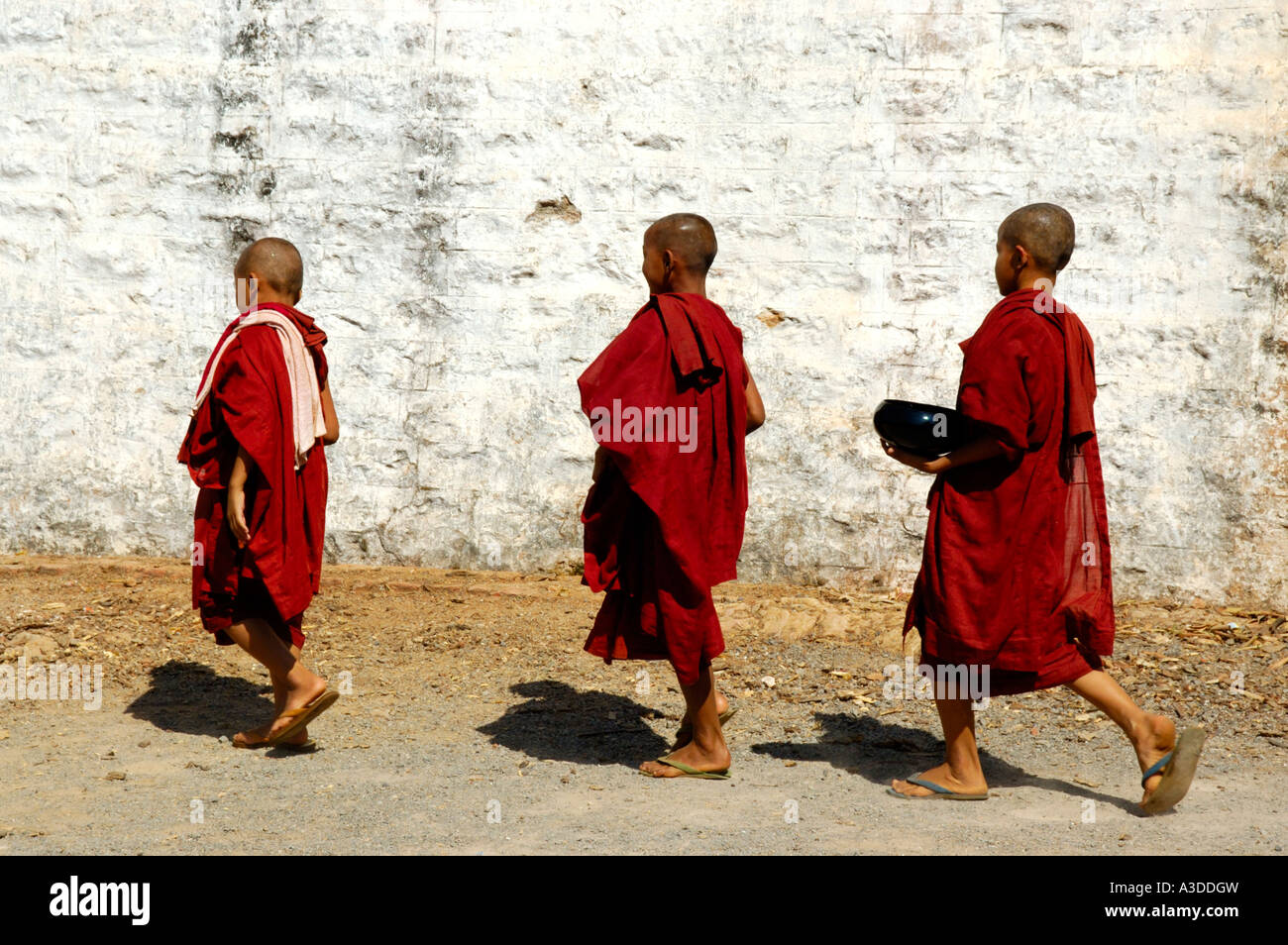 Novices in red robes walk one after another Maing Thauk Forest Monastery Shan State Burma Stock Photo