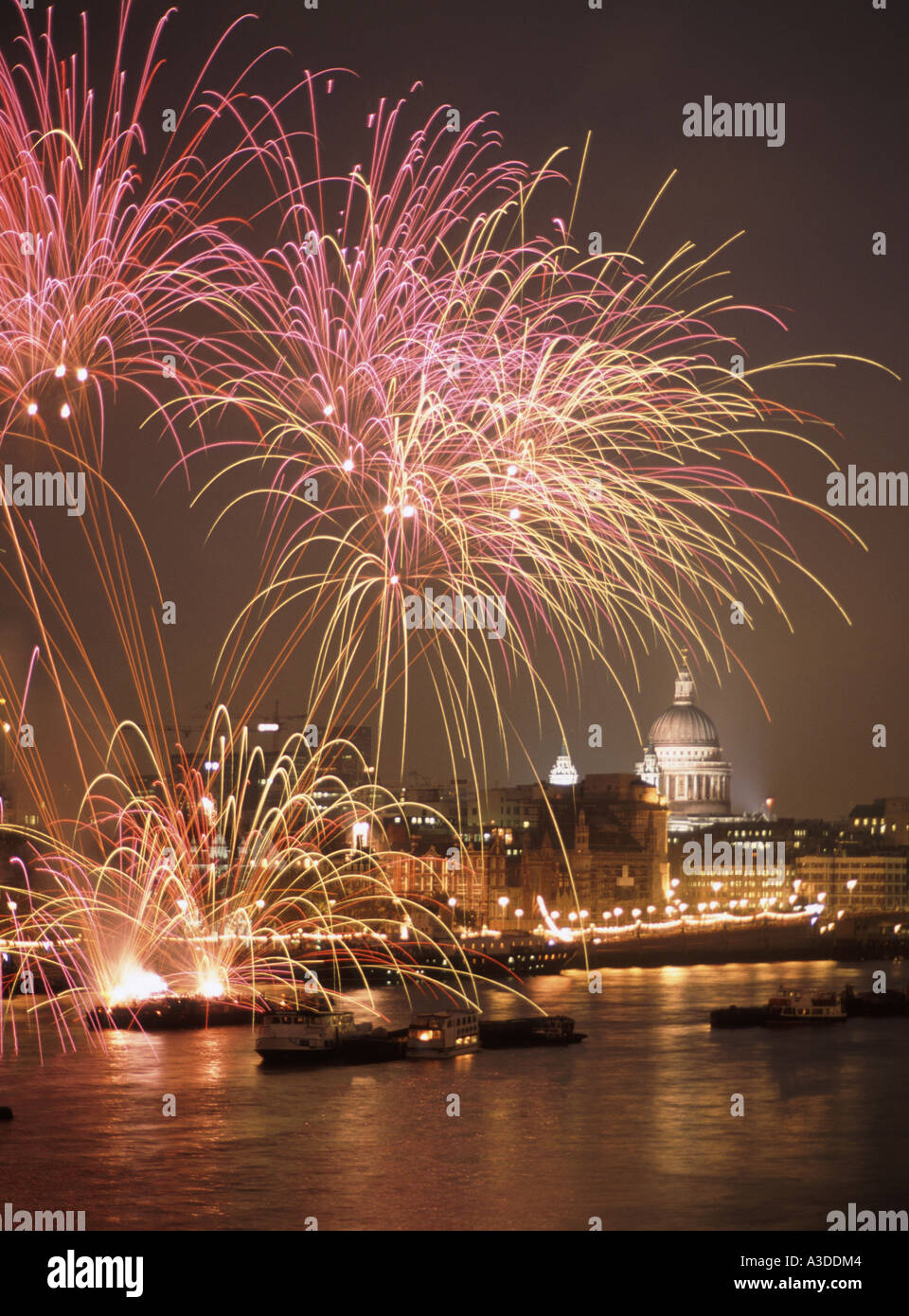 River Thames City of London and floodlit St Pauls cathedral archival skyline forming backdrop to Lord Mayors Show fireworks display England UK Stock Photo