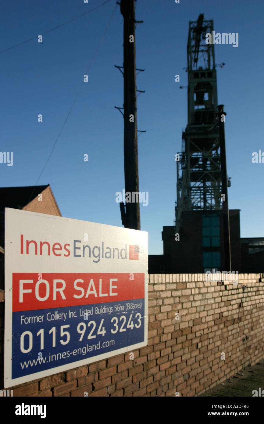 For Sale signs the pithead Clipstone Colliery Clipstone nr Mansfield Nottinghamshire Stock Photo