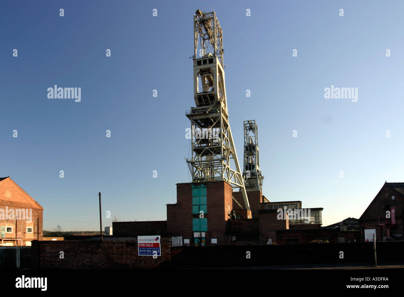 For Sale signs the pithead Clipstone Colliery Clipstone nr Mansfield Nottinghamshire Stock Photo