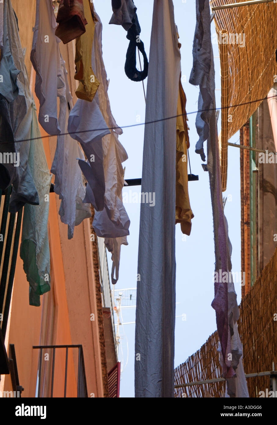 Clothes hanging out to dry between the balconies in one of the typical