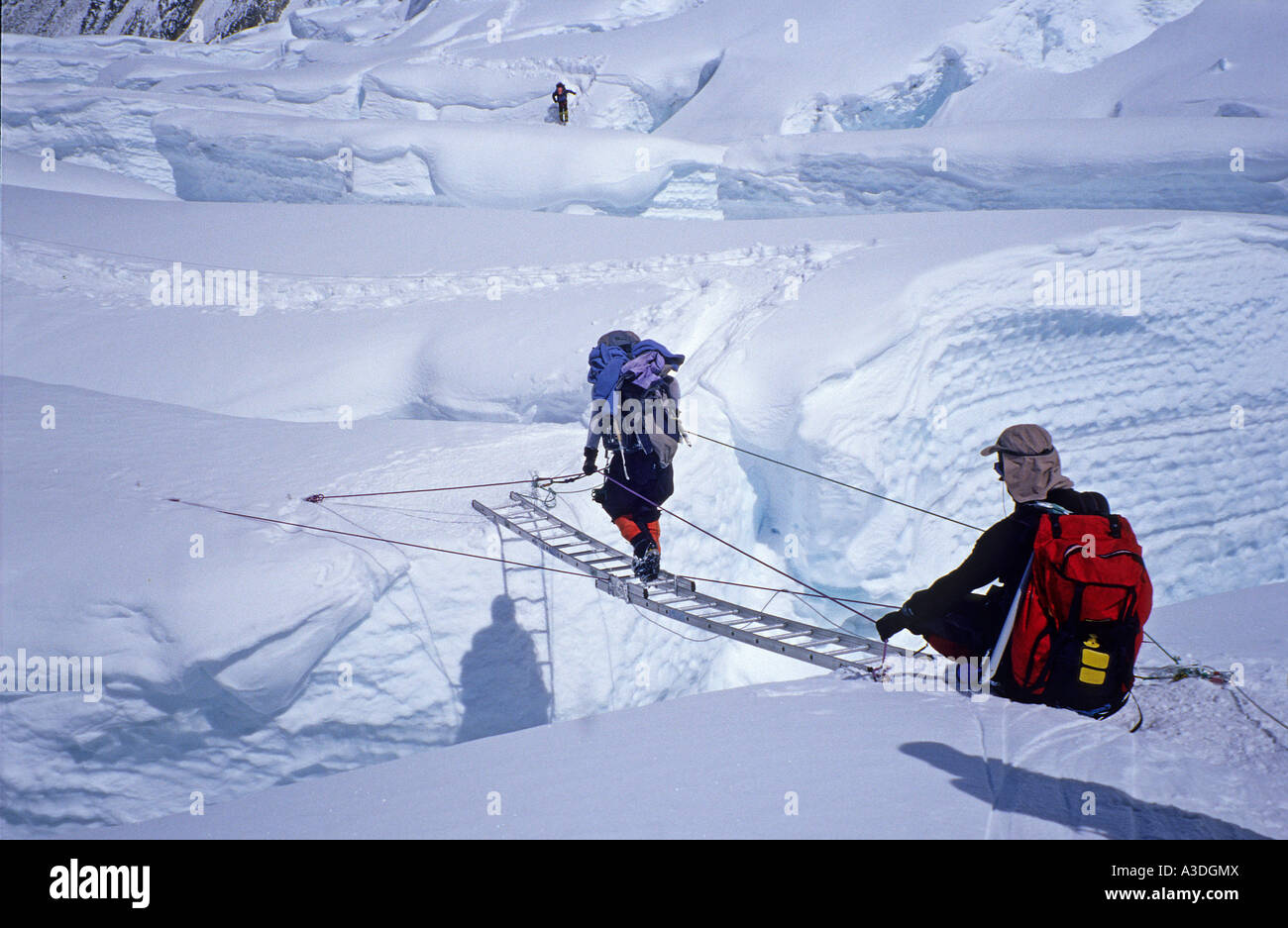 Crossing of a crevasse by ladder, Western Cwm, 6000m Mount Everest
