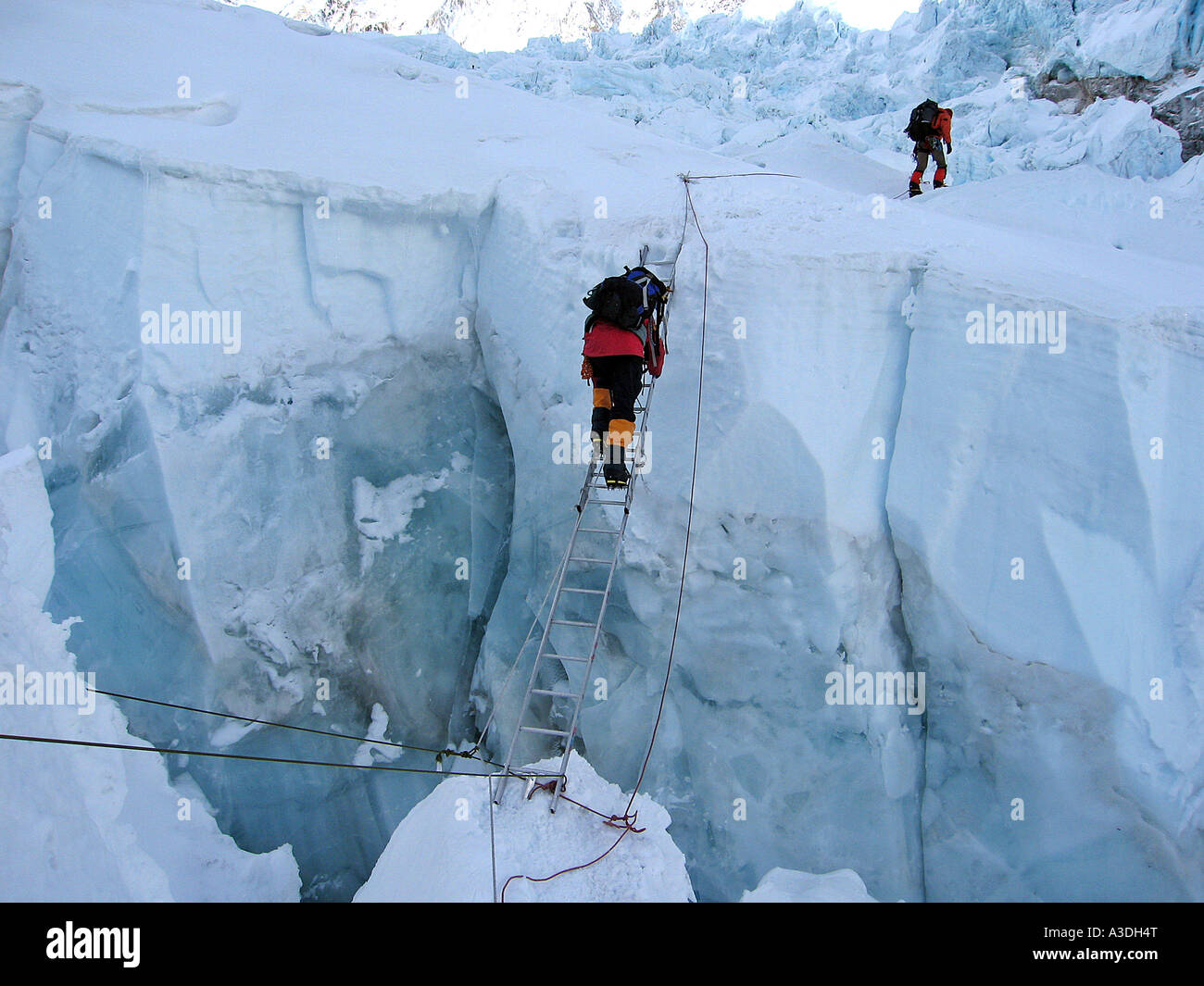 Viennese climber Geri Winkler on a ladder overcoming a crevasse of Khumbu Icefall, ca.5600 m, Mount Everest, Himalaya, Nepal Stock Photo