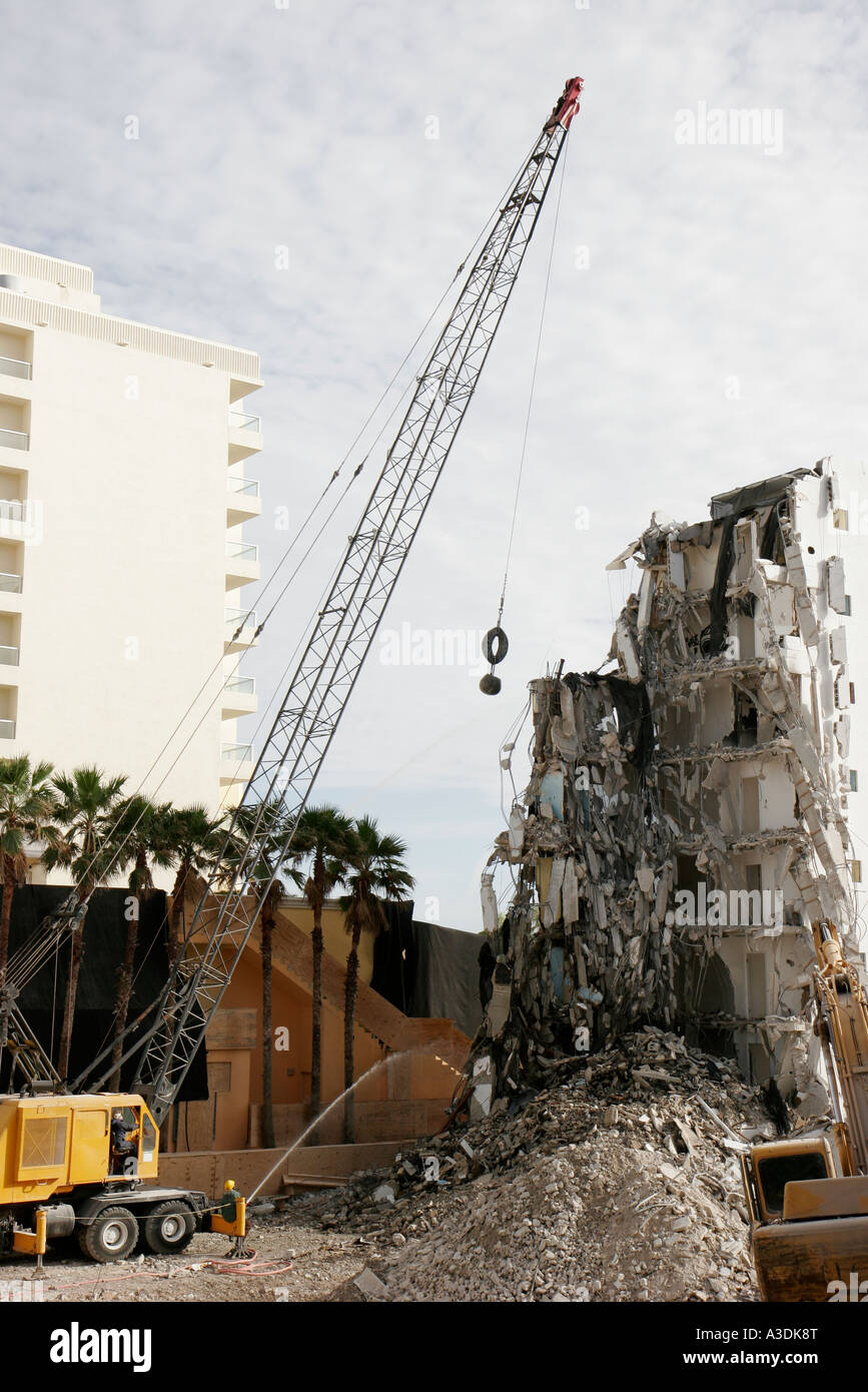 Miami Beach Florida,Ocean Drive,older condominium destruction,wrecking ball,crane,FL070112066 Stock Photo