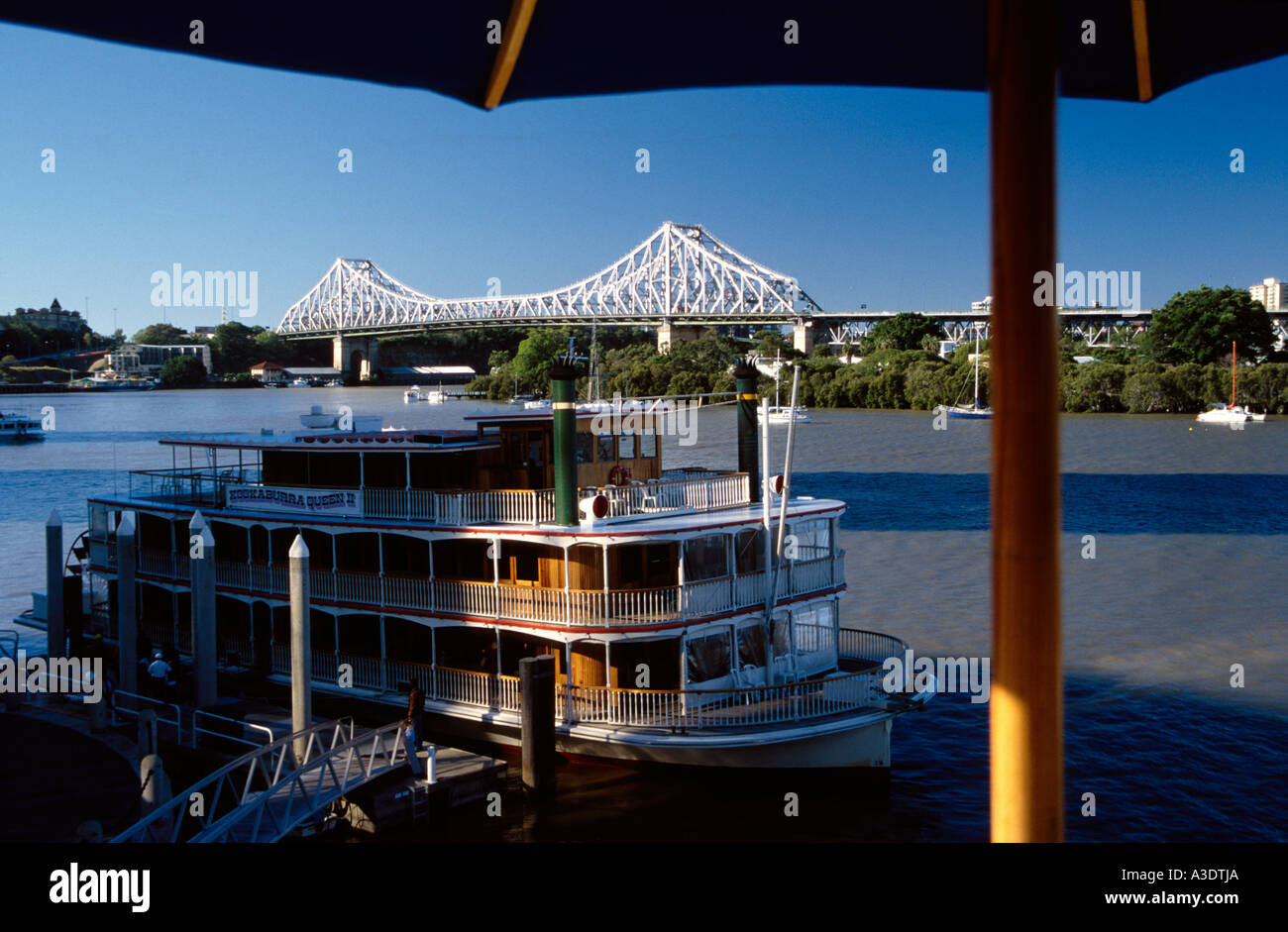 Sternwheeler ship Kookaburra Queen II on Brisbane River, Story Bridge in background, Brisbane