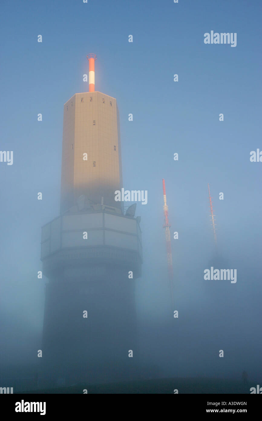 Upcoming mist, tv tower at Grosser Feldberg mountain, Taunus, Hesse, Germany Stock Photo