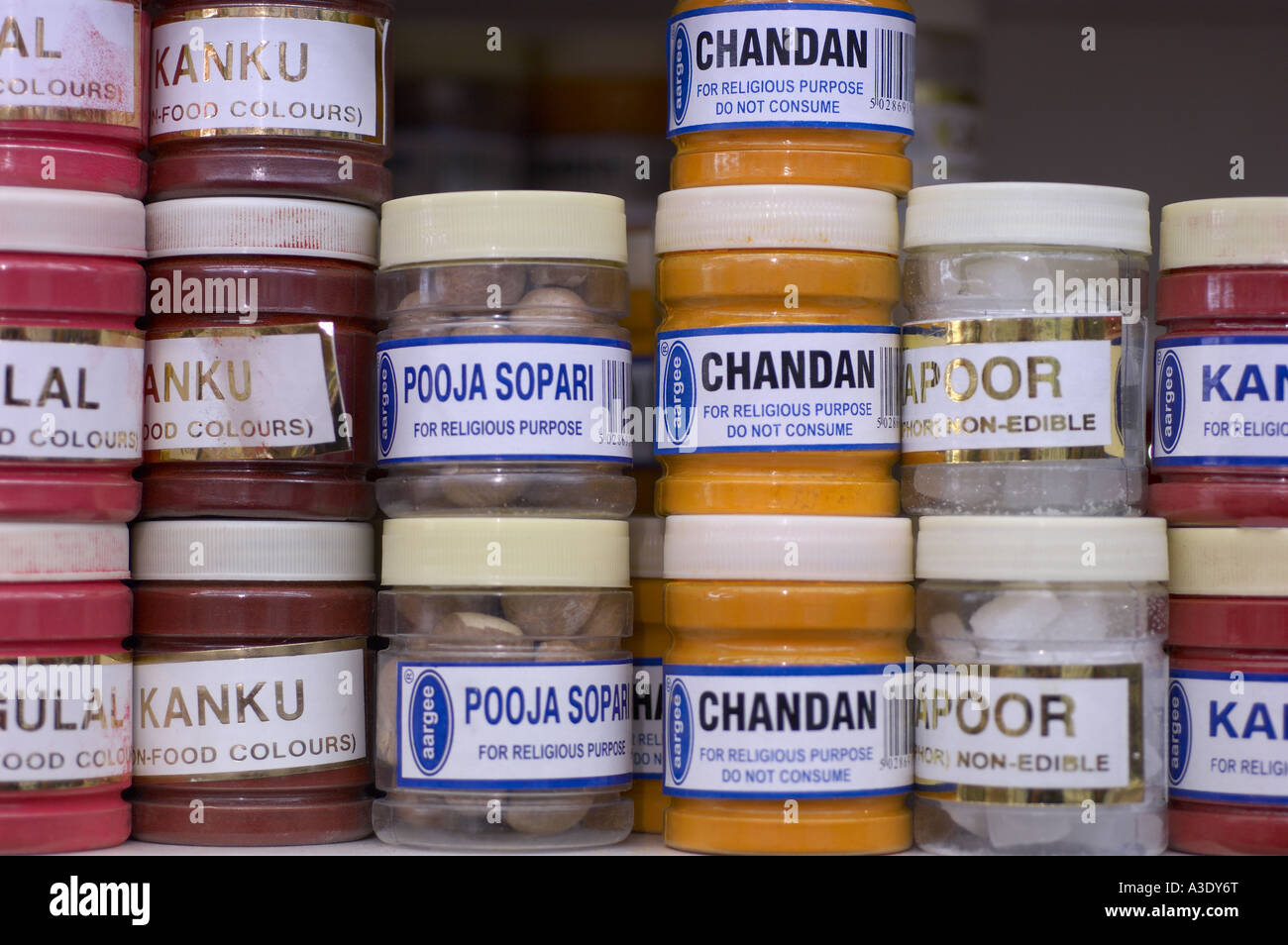 Indian powder colours for religious purpose Stock Photo