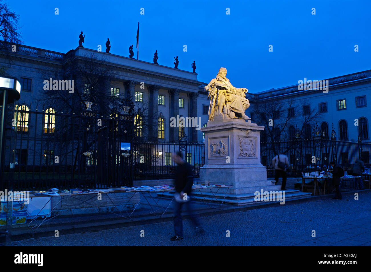 The Humboldt University and statue of Wilhelm von Humboldt at night, Berlin, Germany Stock Photo