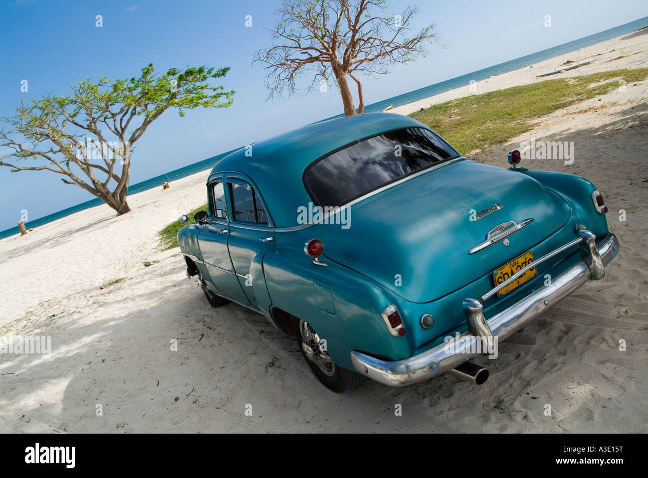 Old American Chevrolet car at Playa Ancon near Trinidad, Cuba Stock Photo