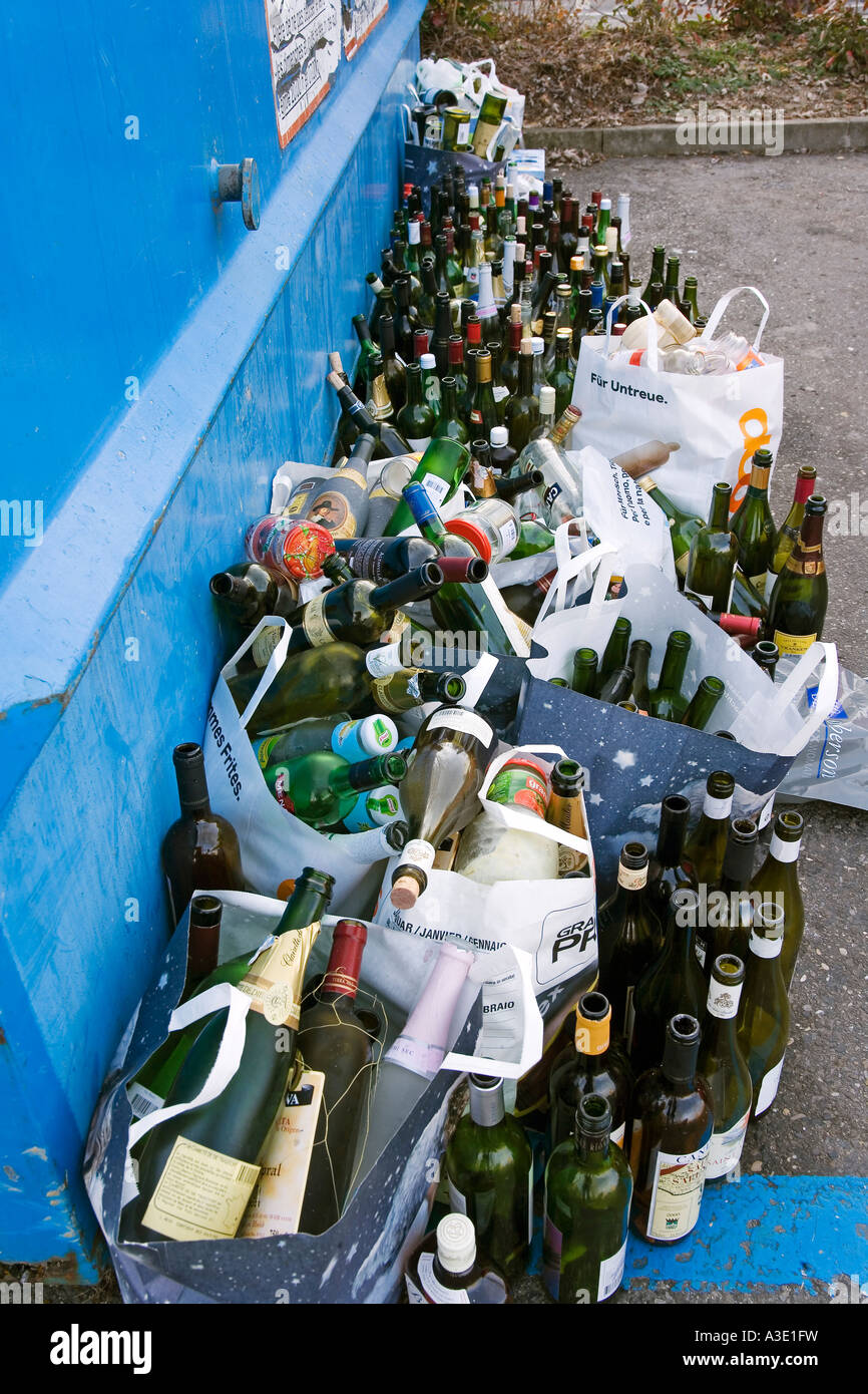Bottles in front of a full bottle bank Stock Photo Alamy