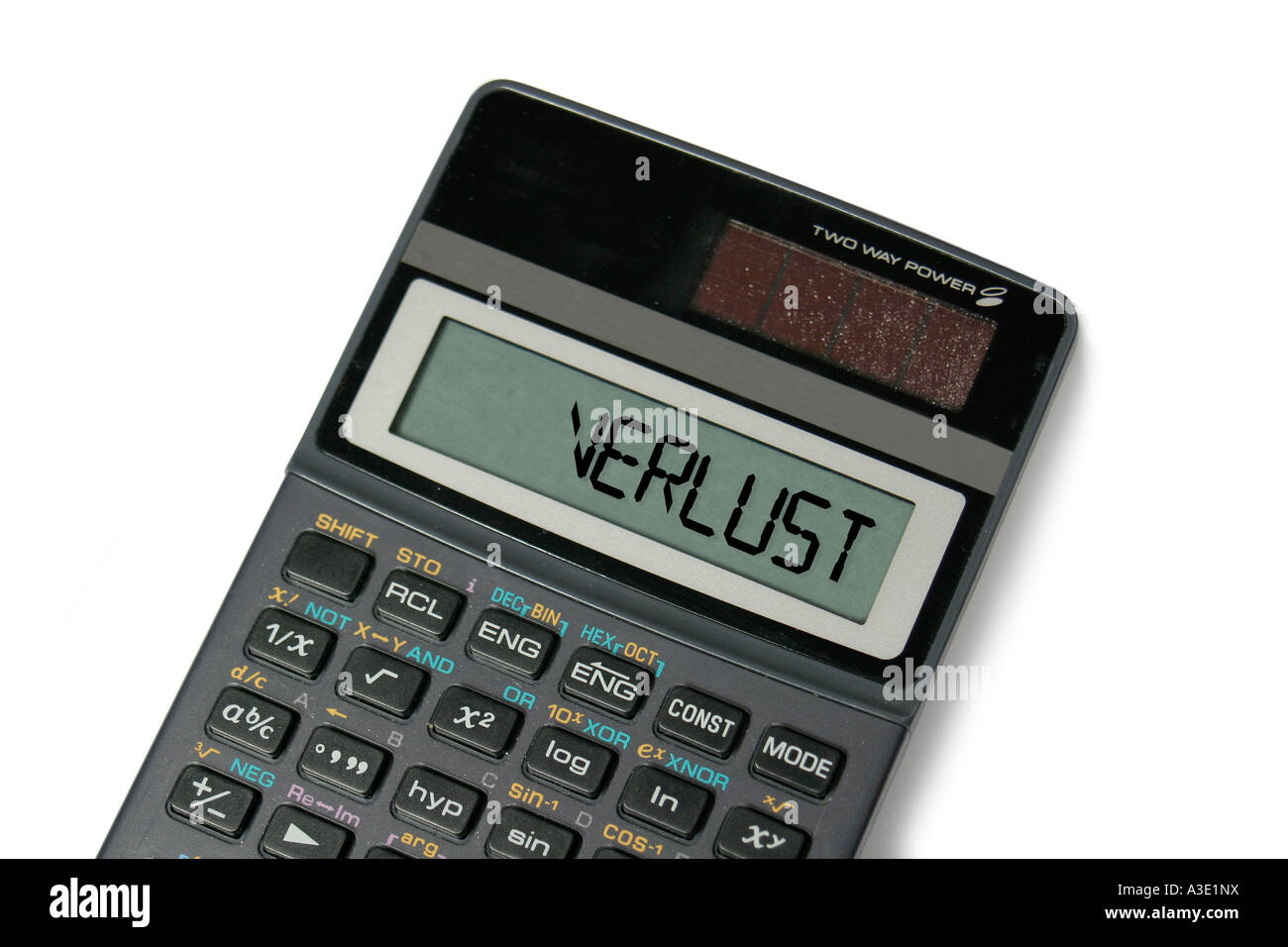 'Verlust' written in the Display of a calculator Stock Photo