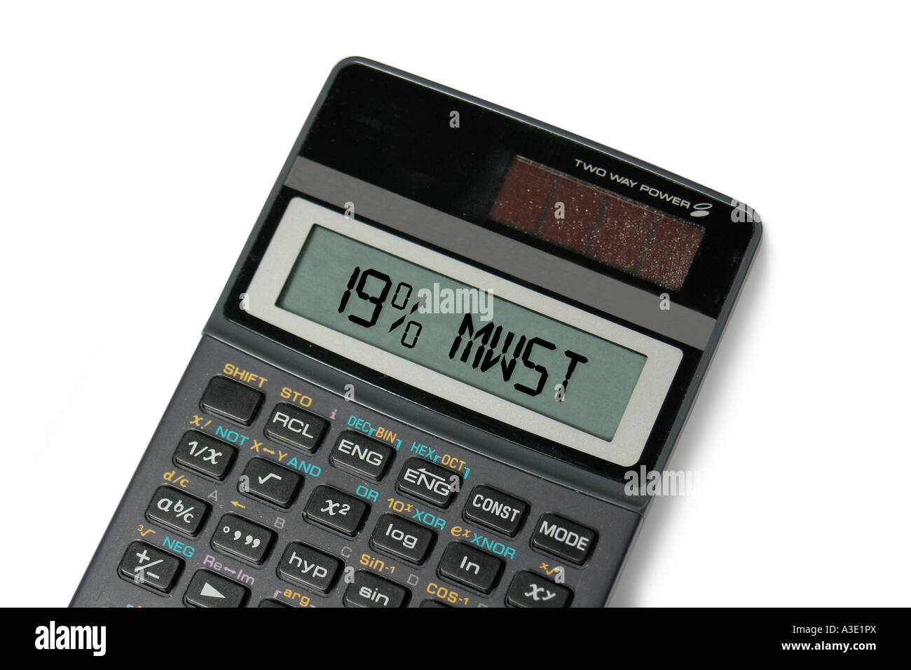 '19% Mehrwertsteuer' written in the Display of a calculator Stock Photo