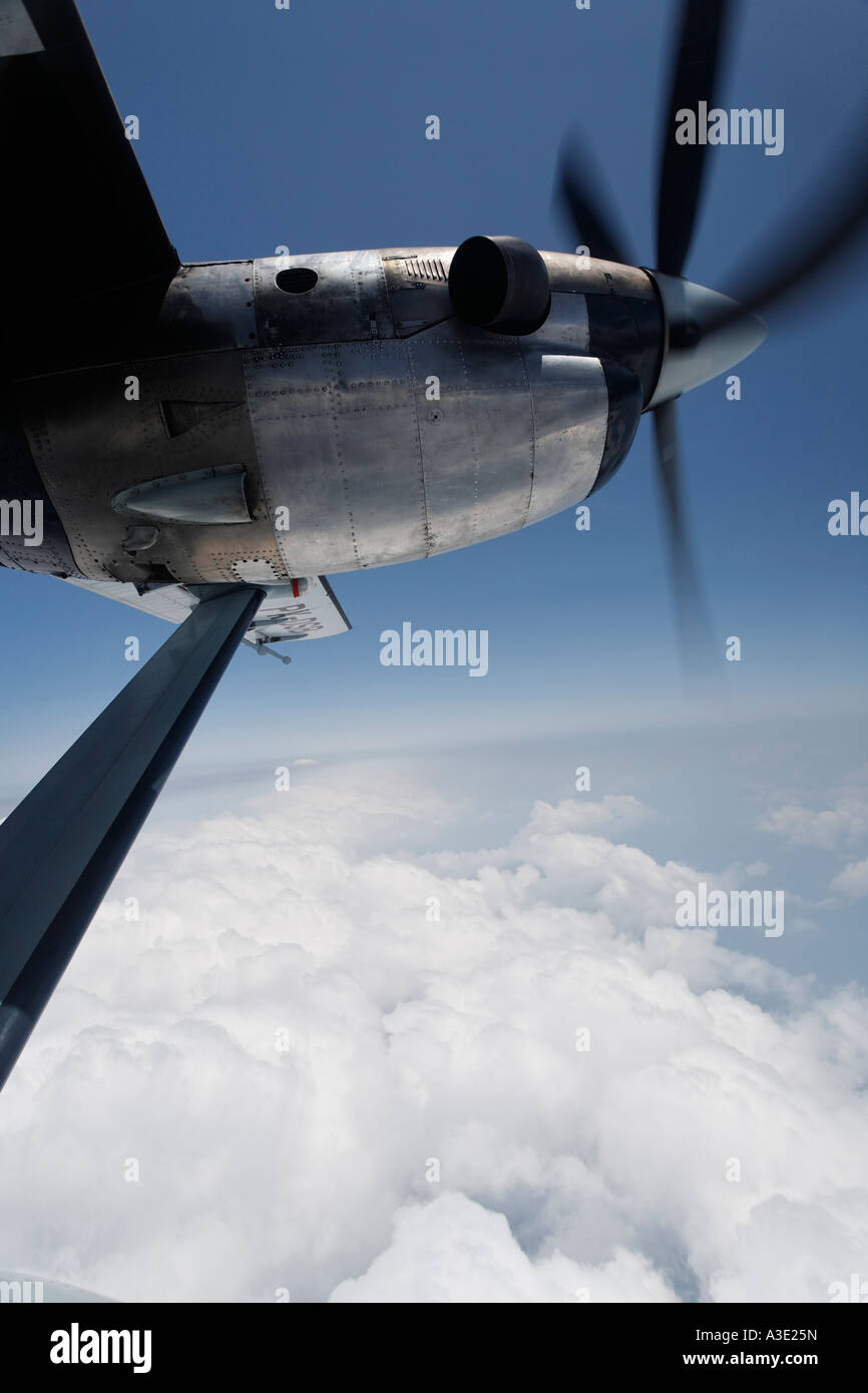 View from turbo-prop airplane at cloud cover Stock Photo