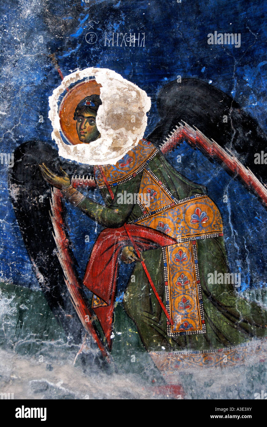 Art theft Byzantine wall painting Archangel Michael in monastery Antifonitis North Cyprus Stock Photo