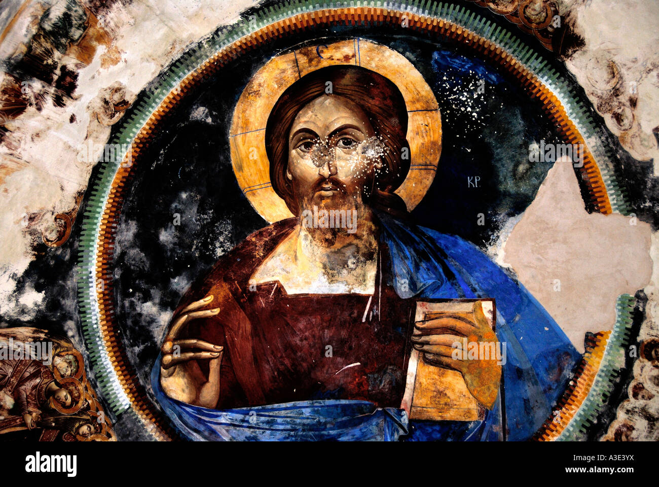 Byzantine wall painting Jesus Christ Pantokrator in monastery Antifonitis North Cyprus Stock Photo