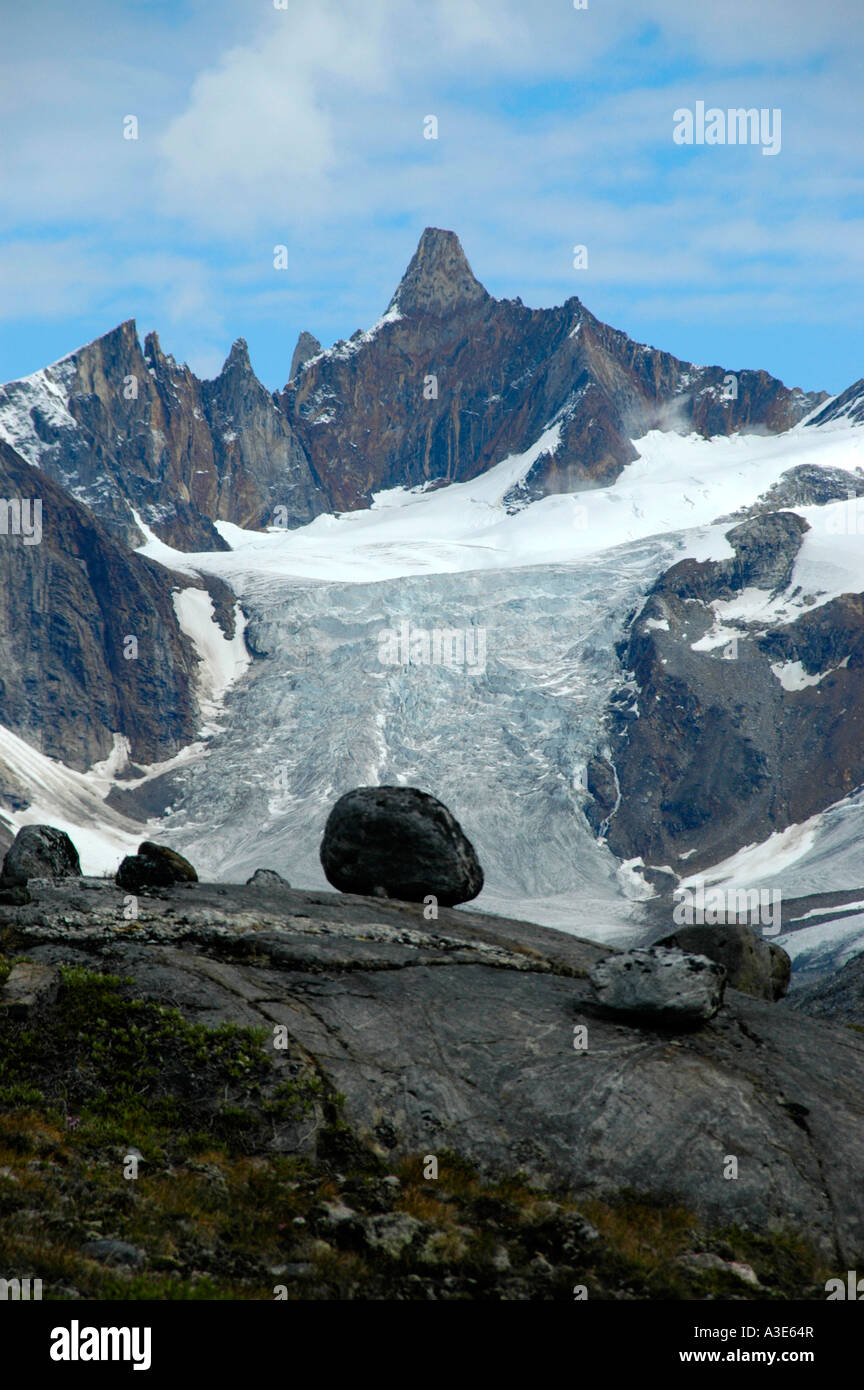 Spiky mountain summit with glacier Eastgreenland Stock Photo