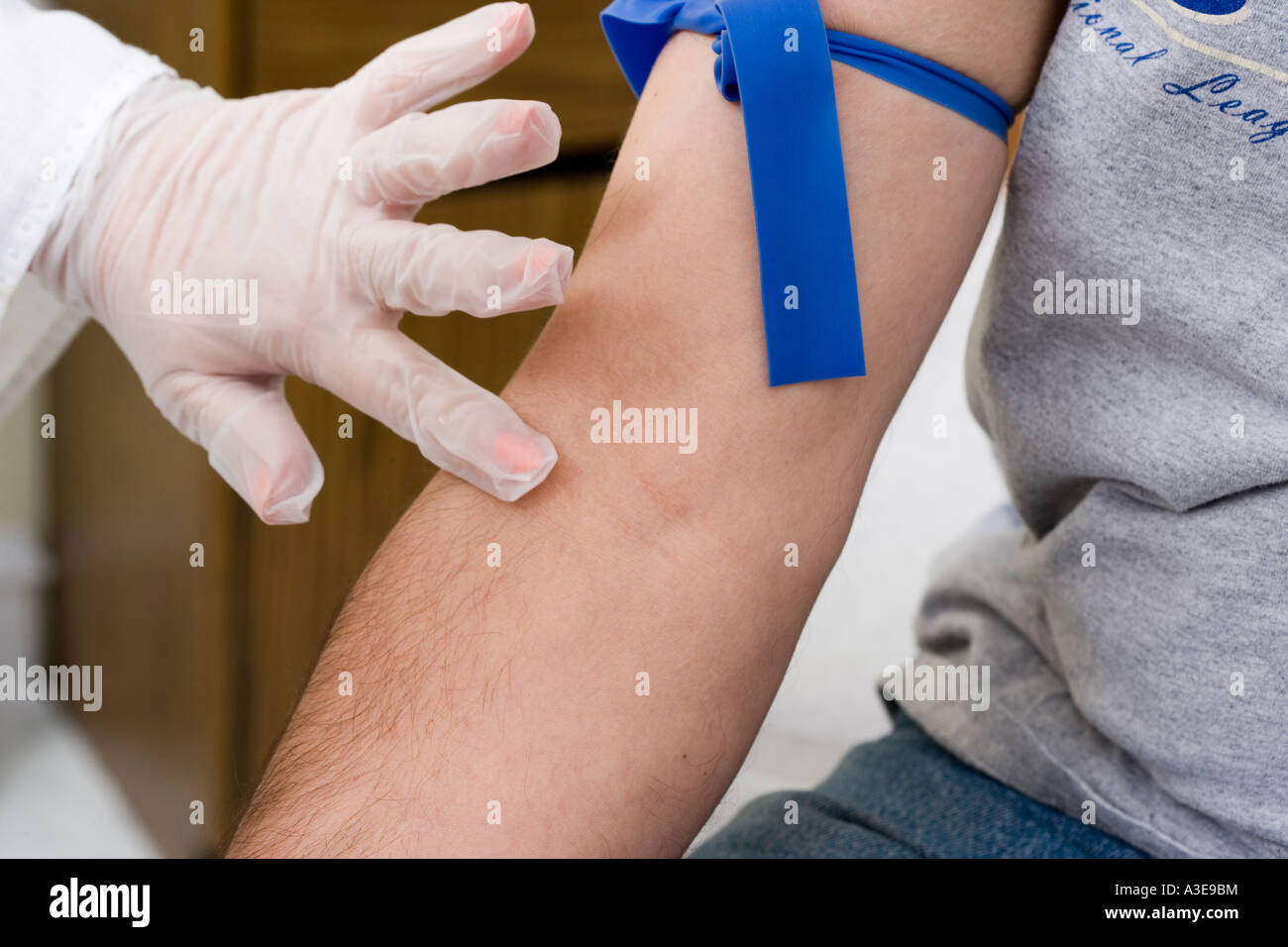 Health professional will wrap an elastic band around the upper arm to slow  the blood flow for a blood test Stock Photo - Alamy