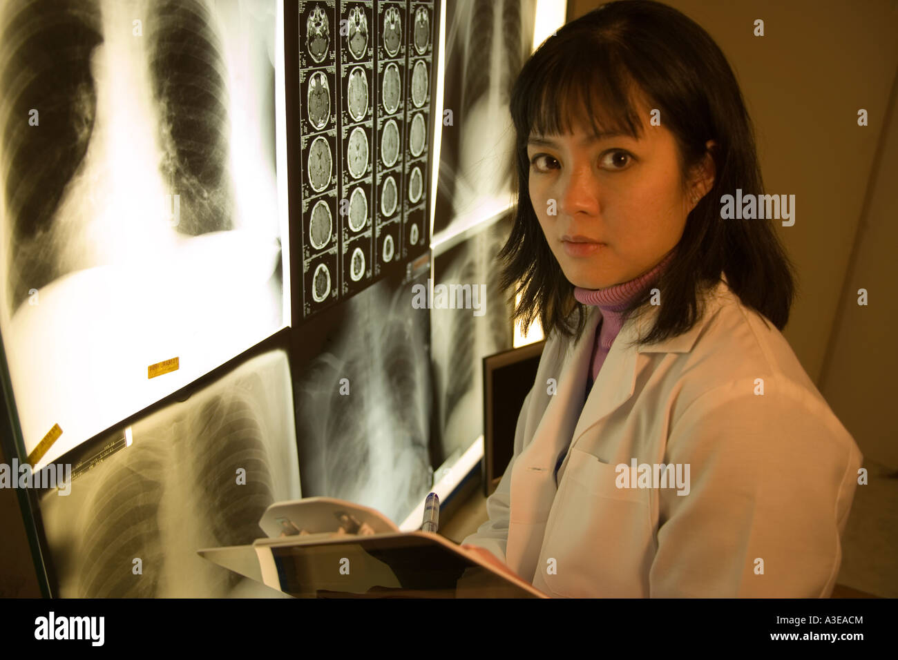 Healthcare worker reviewing x-rays. Is she a doctor, nurse or an assistant? Stock Photo