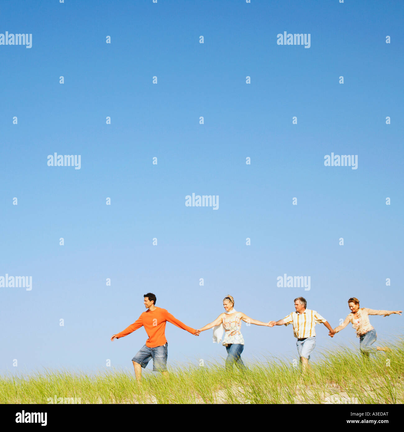 Two mature couples holding hands and walking on a landscape Stock Photo