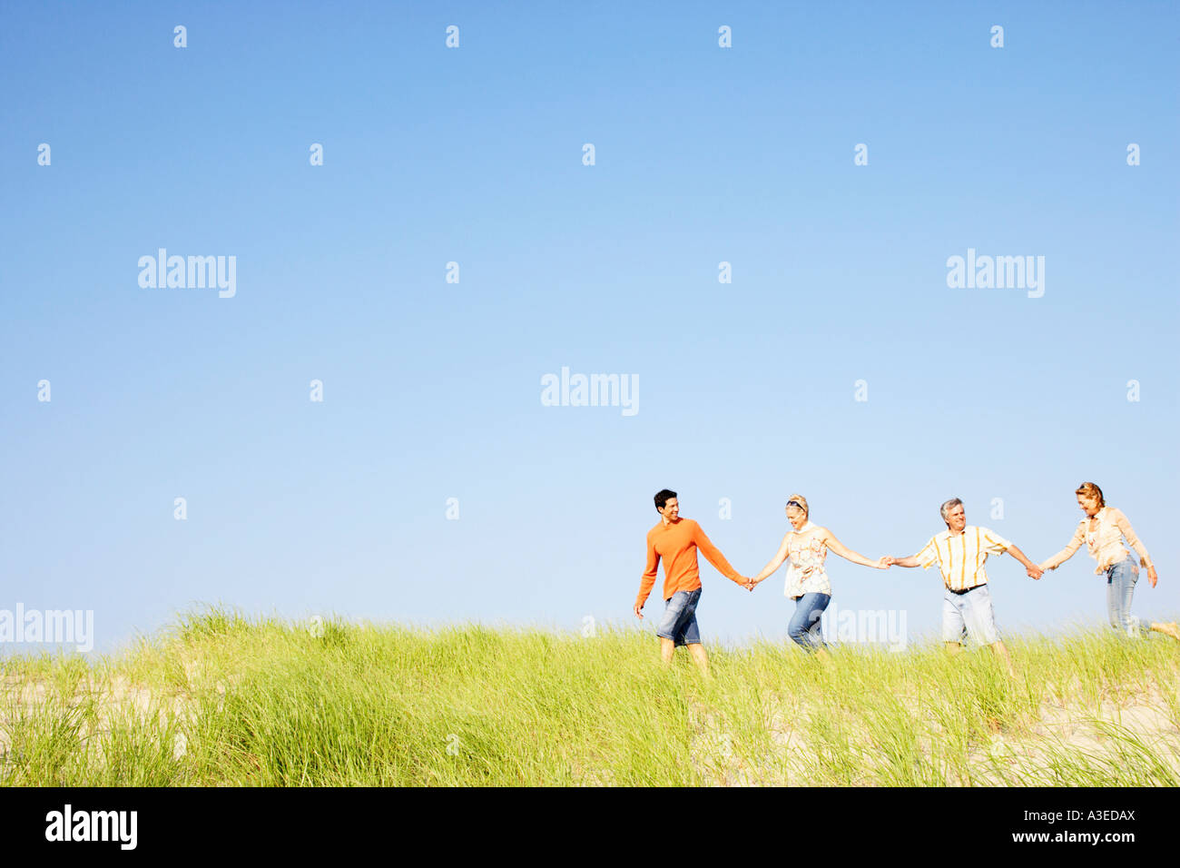 Two mature couples holding hands and walking on the beach Stock Photo