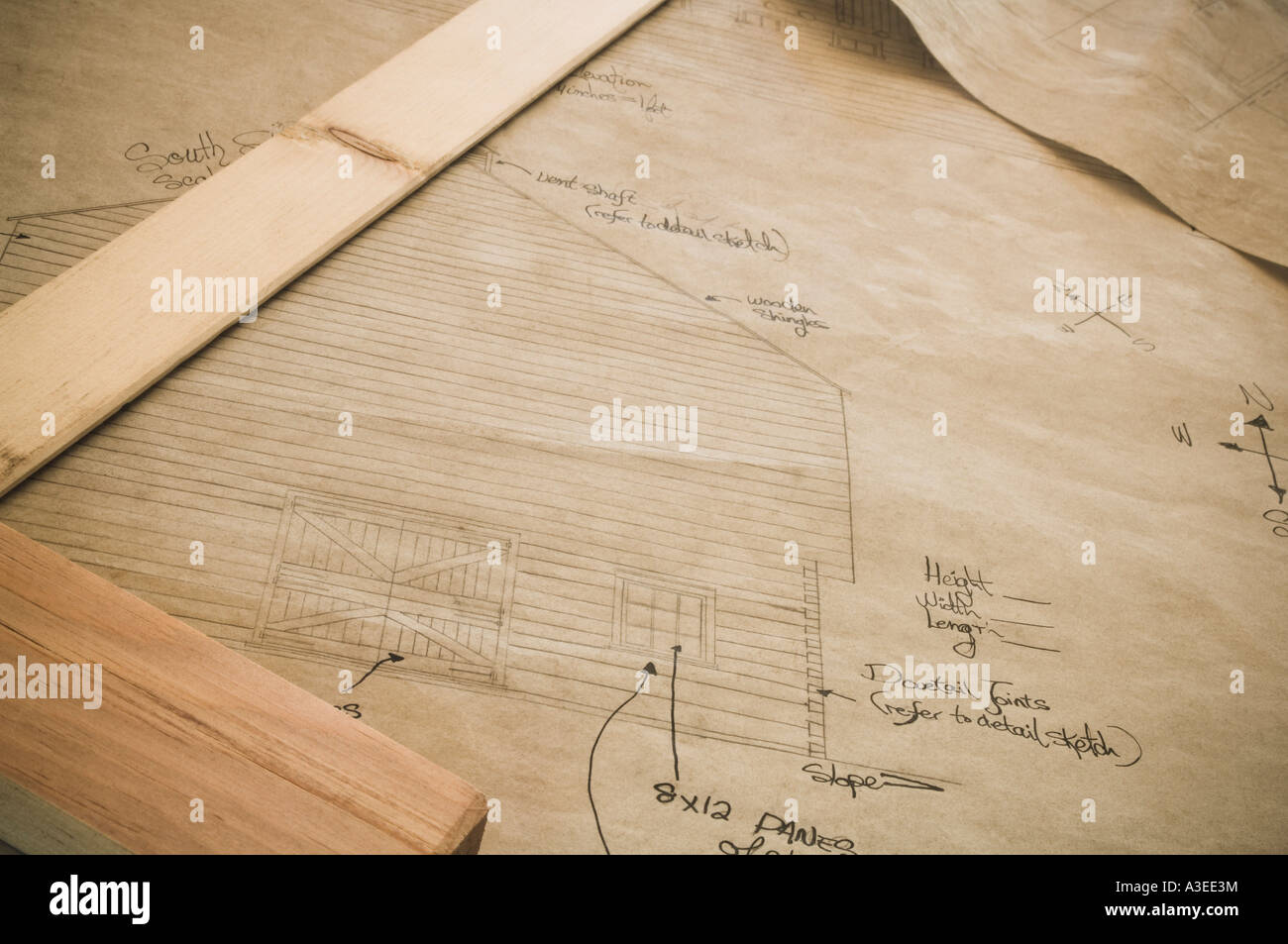 Antique blueprint and ruler Stock Photo