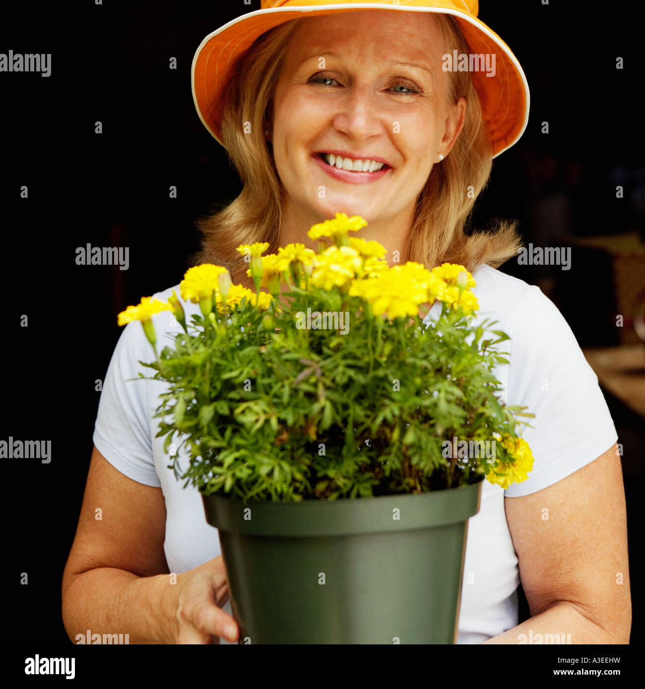 Portrait of a mature woman holding a potted plant and smiling Stock ...