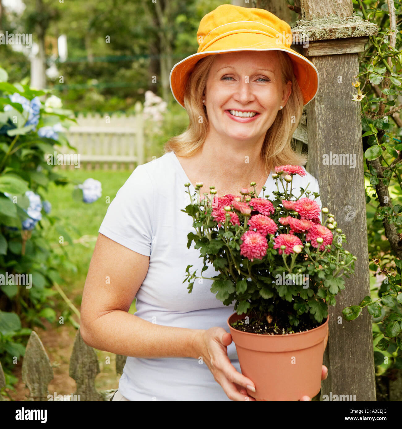 Portrait of a mature woman holding a potted plant and smiling Stock ...