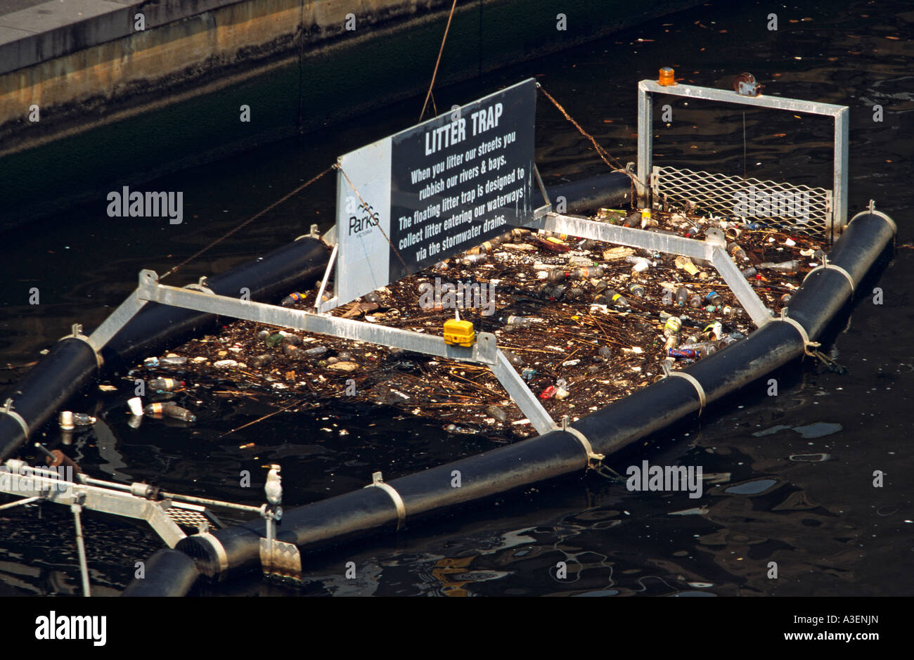 River litter trap, Melbourne Australia Stock Photo