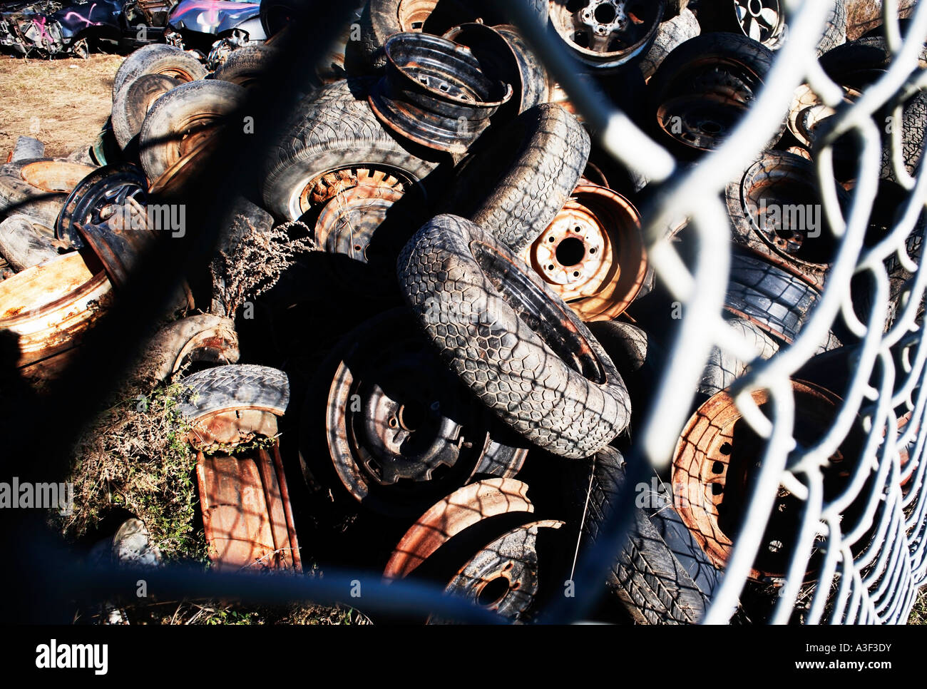 Tires in a scrap yard Stock Photo