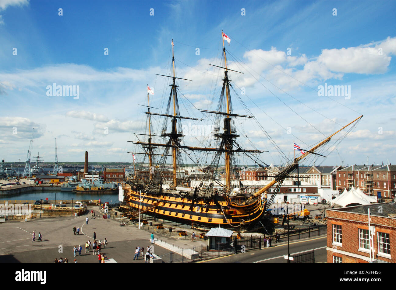 High view of HMS Victory at Portsmouth historic dockyard UK Stock Photo