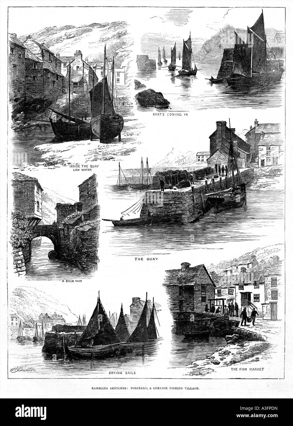 Polperro 1884 Victorian engraving of scenes from the picturesque South Cornish Cornish village Stock Photo