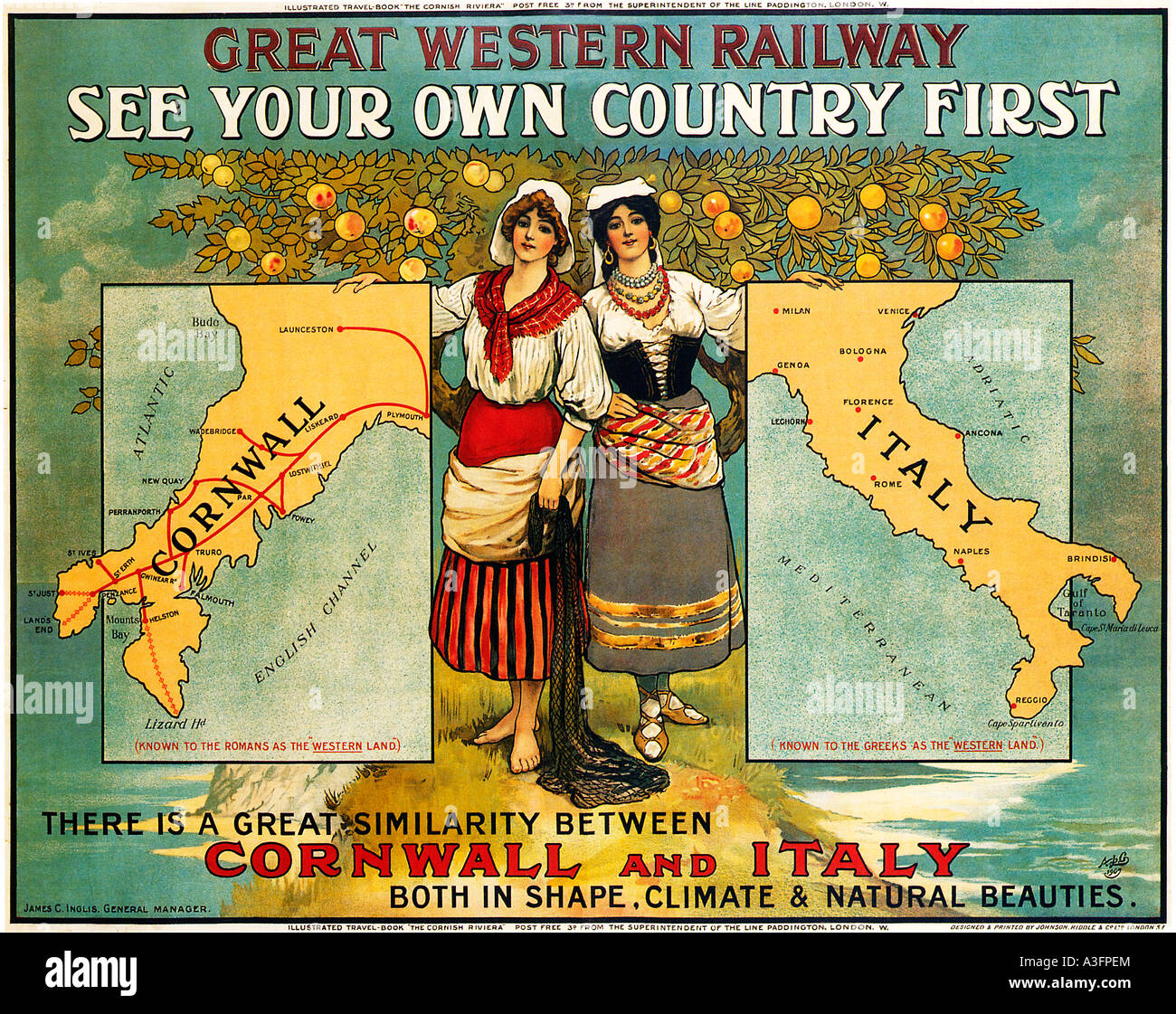 See Your Own Country First 1907 GWR poster for holidays in Cornwall cleverly juxtaposes the county with Italy Stock Photo