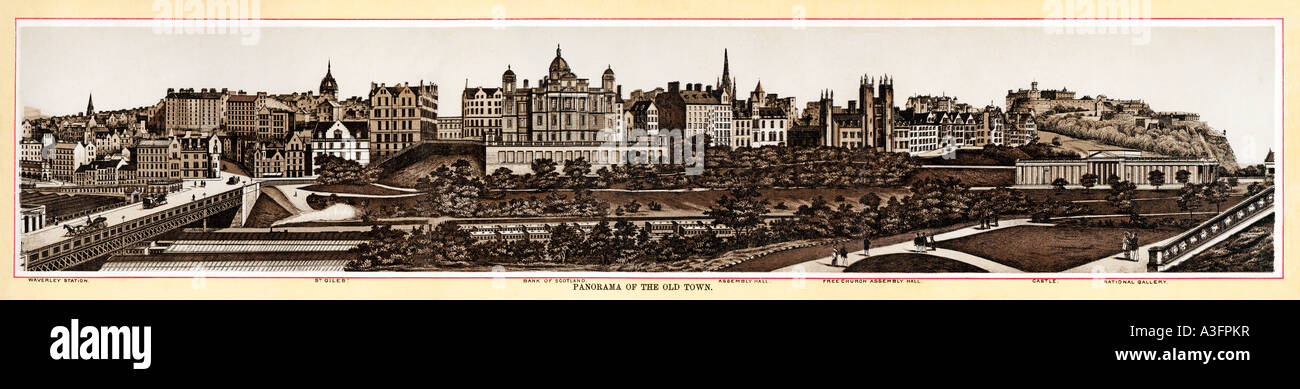 Edinburgh Panorama of the Old Town in this steel engraving taken from an 1895 photo of the Scottish capital Stock Photo