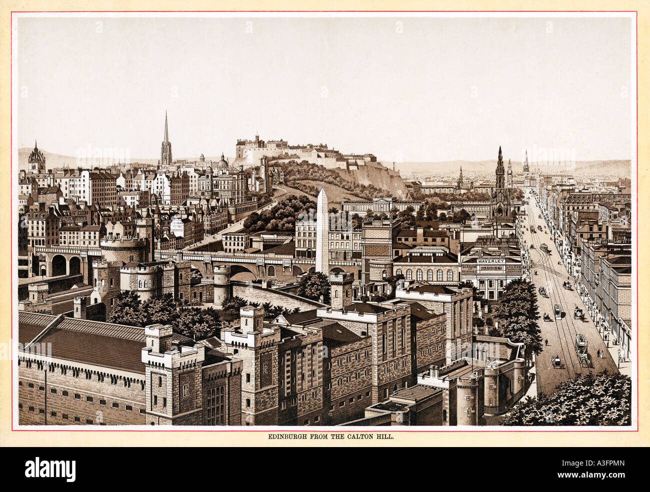 Edinburgh From The Calton Hill in this steel engraving taken from an 1895 photo of the Scottish capital Stock Photo