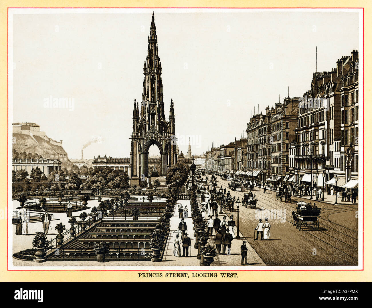 Edinburgh Princes Street in this steel engraving taken from an 1895 photo of the Scottish capital Stock Photo