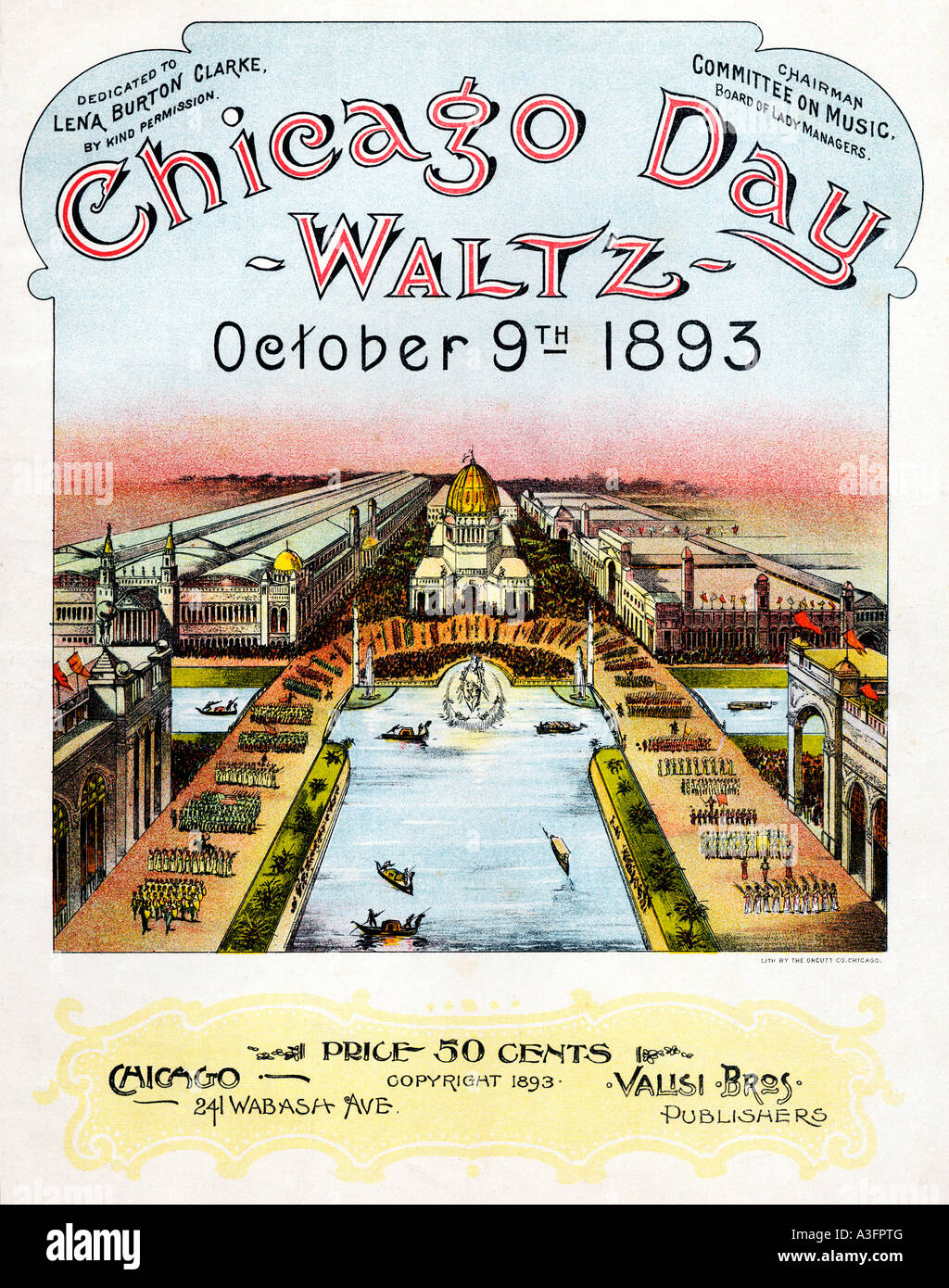 Chicago Day Waltz 1893 music sheet cover for a song on the World Trade Fair and showing the exhibition site Stock Photo