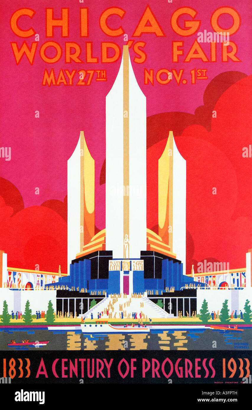 Chicago Worlds Fair 1933 art deco poster for the Illinois exhibition