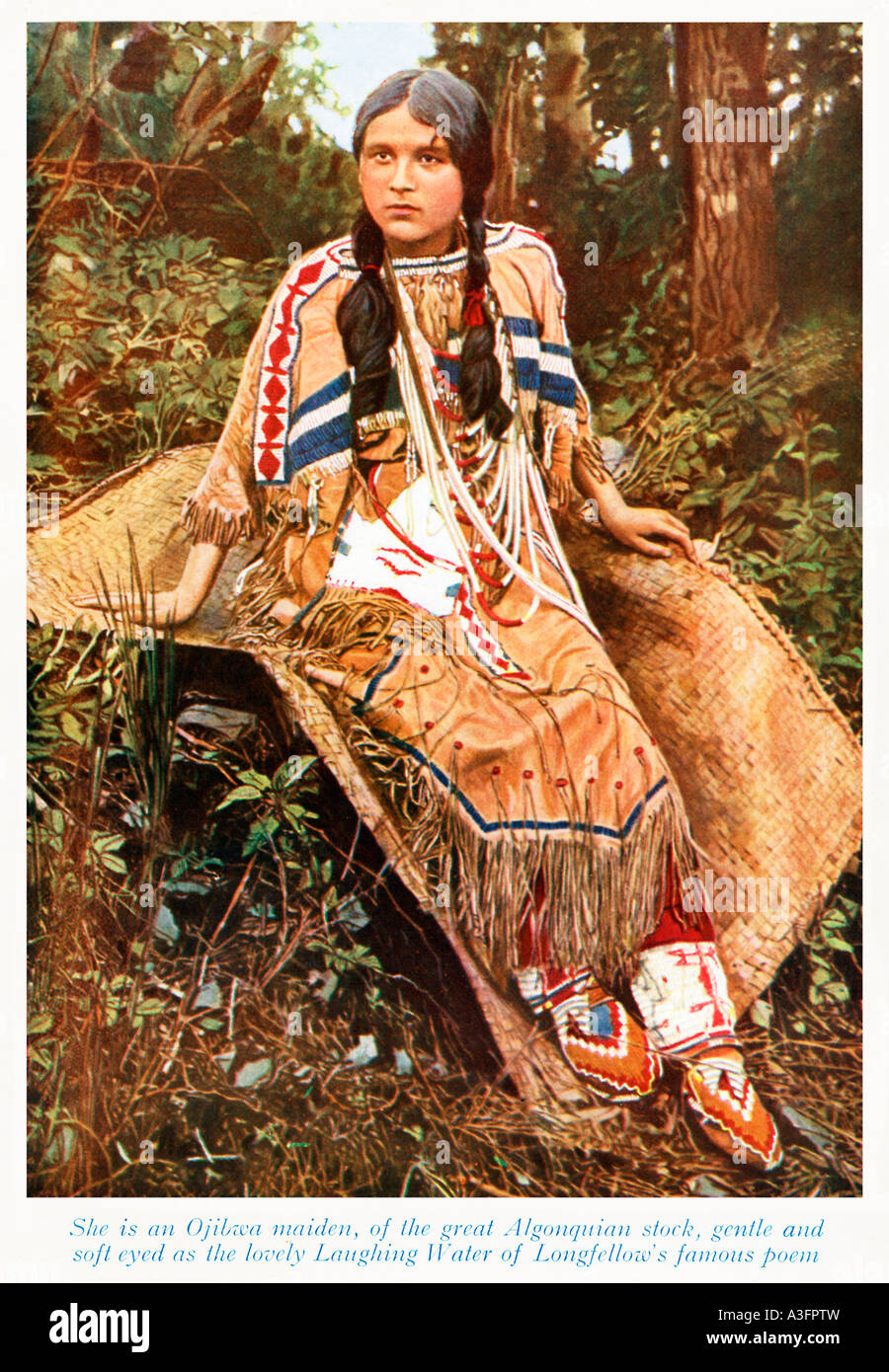 Ojibwa Maiden 1920s colored photo of the Native American lady Of The Great Algonquian Stock Stock Photo