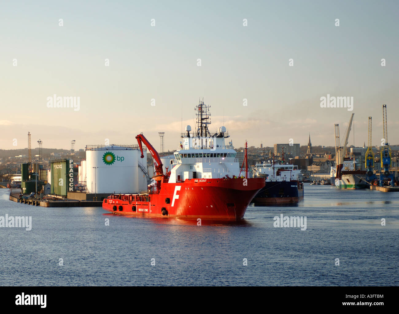 North Sea Oil Supply boat Manoeuvring in Aberdeen Harbour. Grampian
