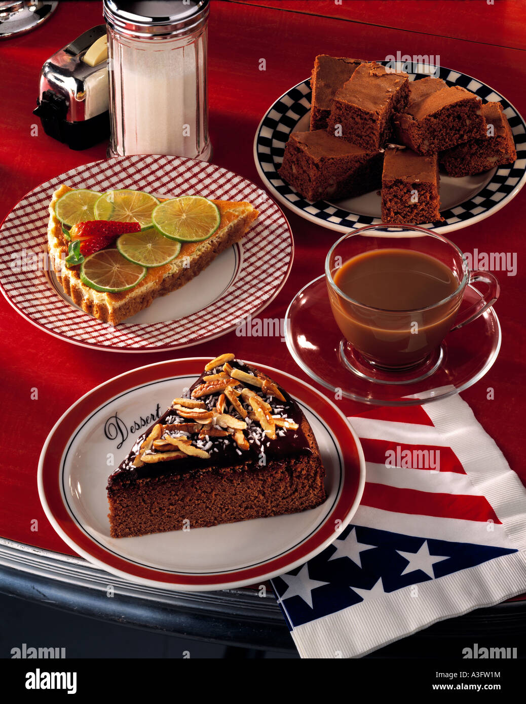 Old fashioned american diner cheesecake brownies coffee hires stock