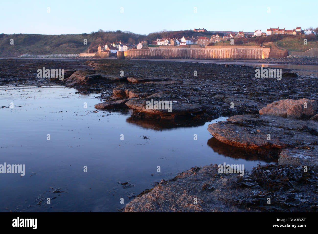 Fishing village of Robin Hoods Bay in North Yorkshire showing sea wall when tide is out with inter tidal pools and seaweed Stock Photo