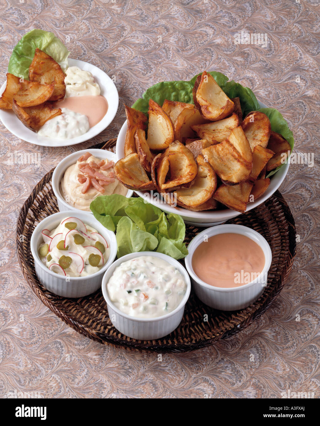 Deep fried potato skins with dips editorial food Stock Photo Alamy